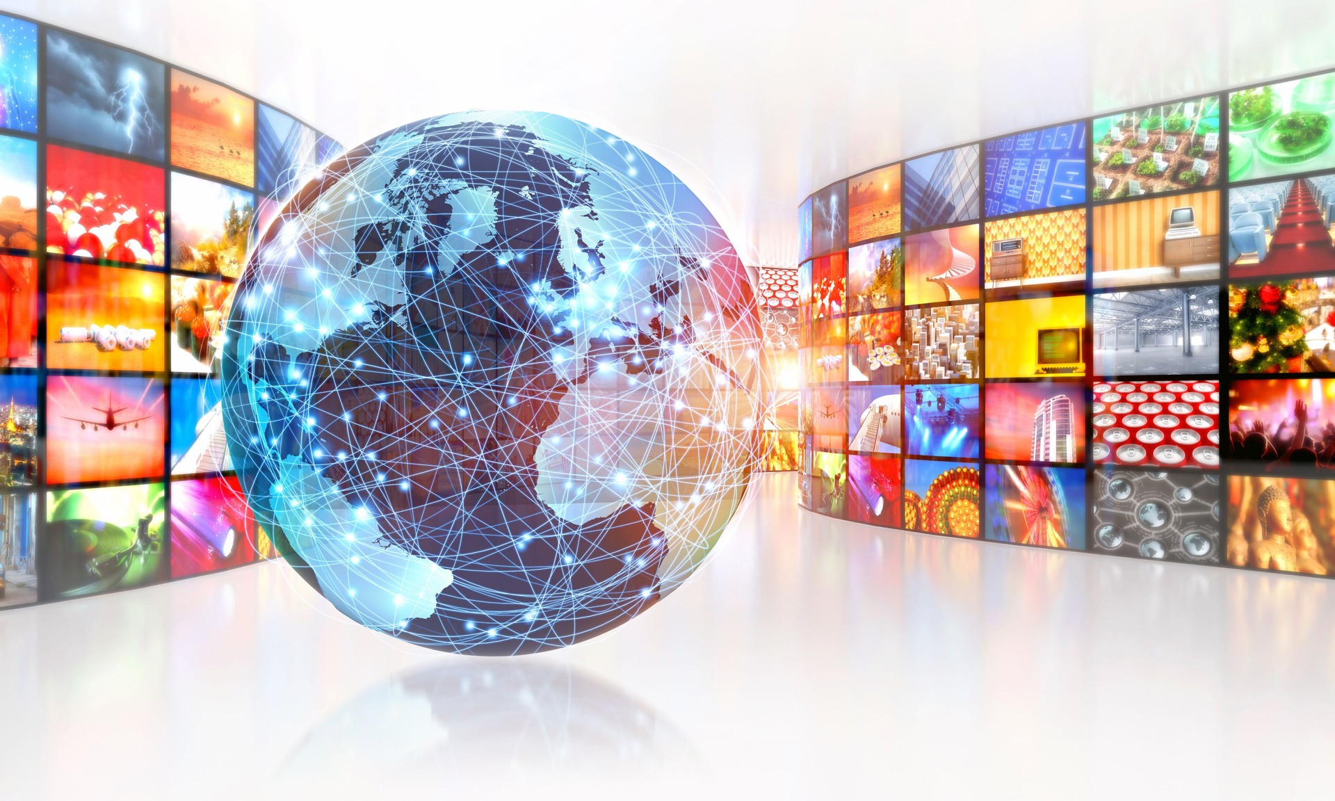 Television broadcasting around the world surrounded by multimedia images